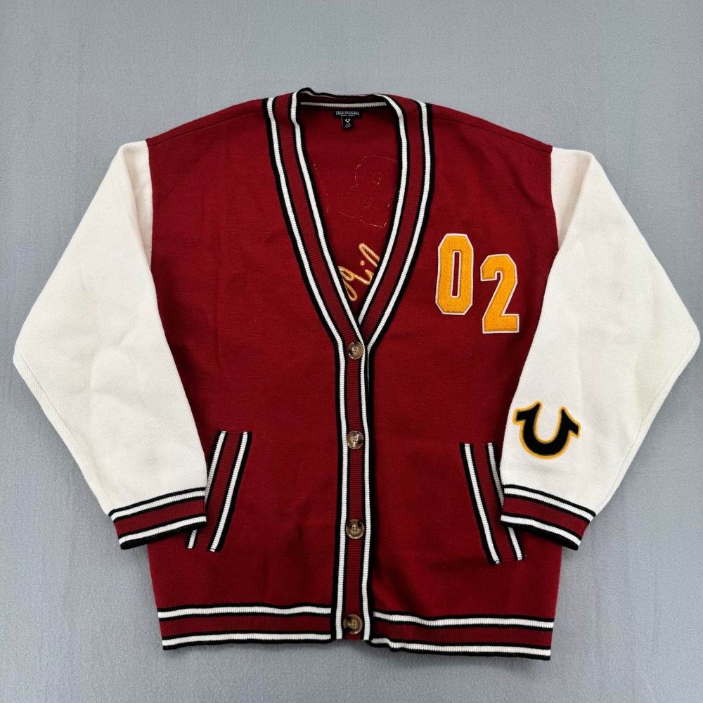 True Religion Mens Varsity Cardigan Sweater Red Cream Chenille Patch Logo Large